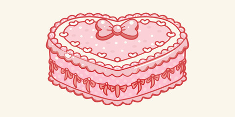 Pink heart shaped cake with red bow and polka dots illustration vector