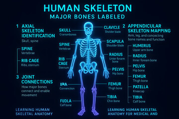 Neon Human Skeleton Overview with Glowing Bone Structure for Anatomy