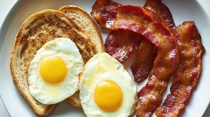 A spread of breakfast items including eggs, bacon, and toast, cozy morning vibe