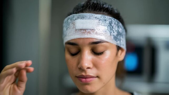 A patient in midshot holding a cooling gel pack on the forehead showing attention to dengue fever relief while room elements fade softly out of focus.