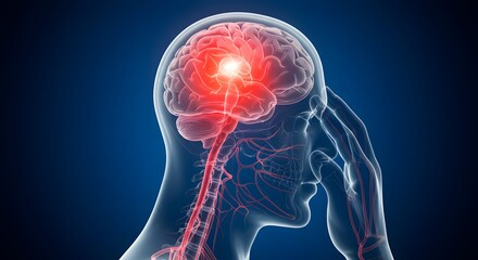Human head with glowing red brain showing pain or neurological activity and hand on temple