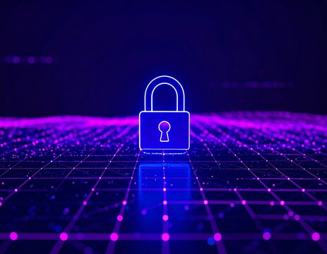 Glowing padlock on a gridded, digital landscape