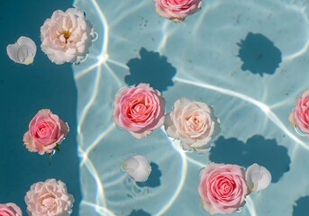 Pink and white roses floating in blue water
