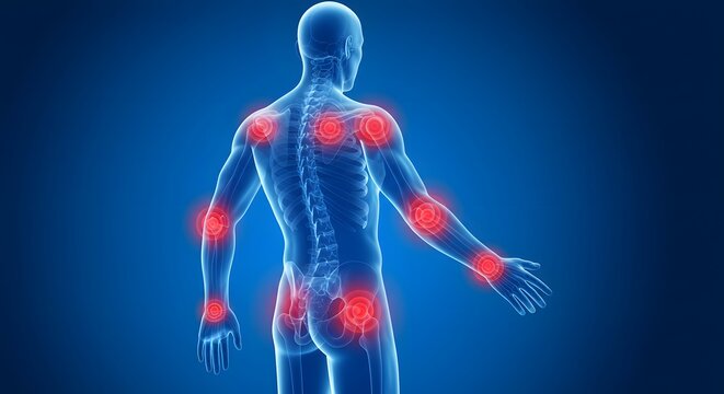 3d human body anatomy showing joint pain and inflammation red spots
