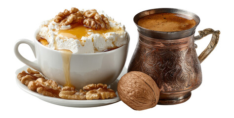 Fototapeta premium Delicious Creamy Dessert with Honey and Walnuts Served in Cup