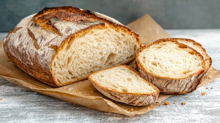 Naklejka premium A loaf of sourdough bread sliced open, tactile texture detail