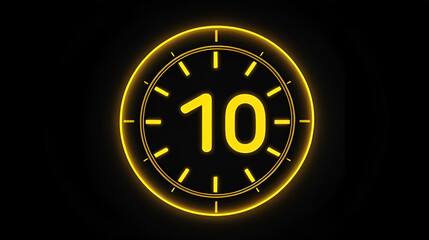 10 seconds gold color neon light countdown timer on black background. Animated circle shaped stylish smooth tailed line indicator. Neon and shady nightlife concept.