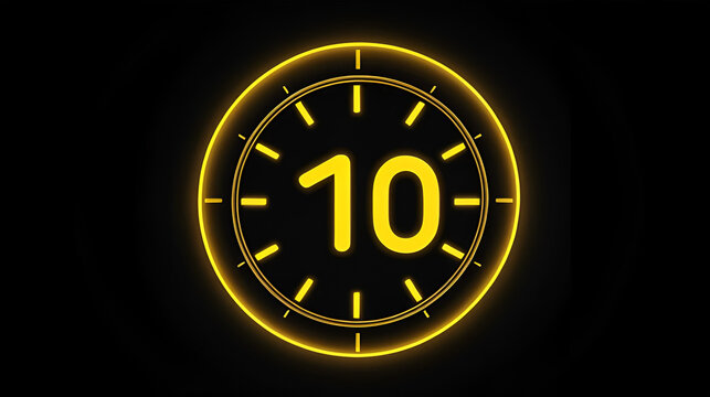 10 seconds gold color neon light countdown timer on black background. Animated circle shaped stylish smooth tailed line indicator. Neon and shady nightlife concept.