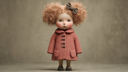 Fototapeta premium A delicate doll, dressed in a muted rose-toned coat, stands poised against a neutral backdrop.