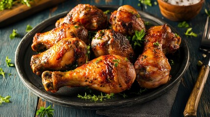 A platter of roasted chicken drumsticks with herbs, family dinner inspiration