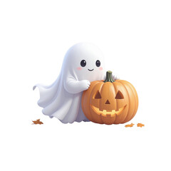 Fototapeta premium Ghost plush hugging a little pumpkin, kawaii 3D style, white background