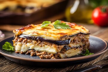 Delicious Moussaka on a Plate: A Traditional Greek Dish with Eggplant, Meat, and B&eacute;chamel Sauce