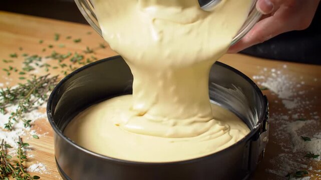 Pouring Cake Batter into Baking Pan Baking Process