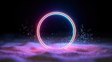 3D render of colorful neon light ring hovering over sandy desert landscape with flying particles and glowing lines, abstract circular frame for product showcase on black background.