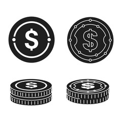 Dollar Coin Icons Set with Stacks