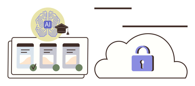 AI brain icon with academic cap, validated learning modules checklist, and secured cloud lock. Ideal for education, technology, cloud computing, security, data management, innovation and digital