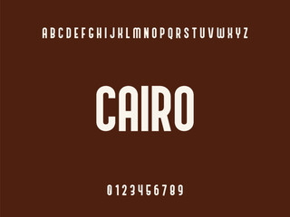 Modern Sans Serif Font Typeface Displaying Cairo Text and Alphabet with Numbers on Brown Background