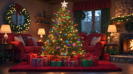Fototapeta premium christmas tree with gifts and decorations