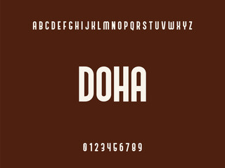 Doha City Name White Typography Text with Alphabet and Numbers on Dark Brown Background