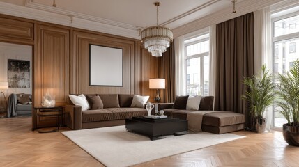 Fototapeta premium Elegant Modern Living Room with Wood Paneling and Chic Decor