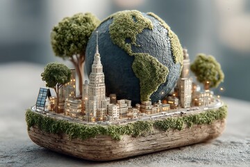  Earth model in urban rooftop garden with solar panels and rainwater collectors, soft city lights, 8K