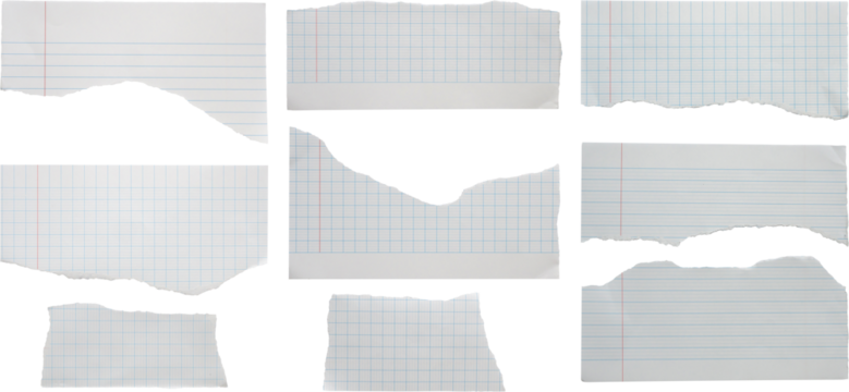 piece of lined paper tear set isolated on white background