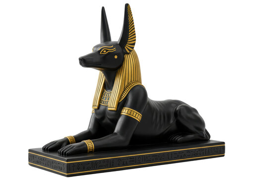 Isolated Statue of Anubis, Ancient Egyptian God of the Afterlife and Embalming, Depicted in Black and Gold with Hieroglyphic Details, Symbolizing Protection and Guidance in the Underworld
