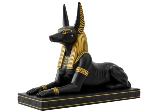 Isolated Statue of Anubis, Ancient Egyptian God of the Afterlife and Embalming, Depicted in Black and Gold with Hieroglyphic Details, Symbolizing Protection and Guidance in the Underworld