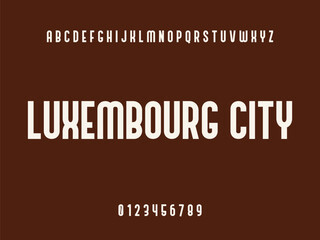 Luxembourg City Name White Typography Text with Alphabet and Numbers on Dark Brown Background
