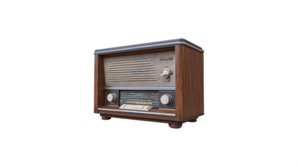 
A vintage radio with a classic design, featuring knobs and a sleek grille, showcasing a nostalgic aesthetic and retro charm
