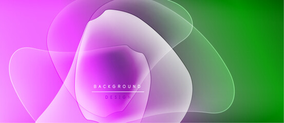 Abstract vibrant design. Overlapping shapes create dynamic visual effect. Purple, green hues dominate composition. Modern, stylish background.