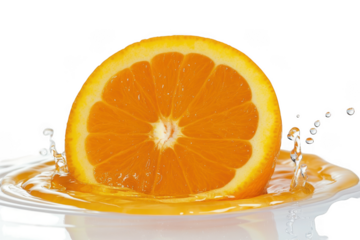 Fresh orange slice with juice splash, citrus fruit, healthy food, vitamin c, refreshing drink, orange color isolated on transparent background