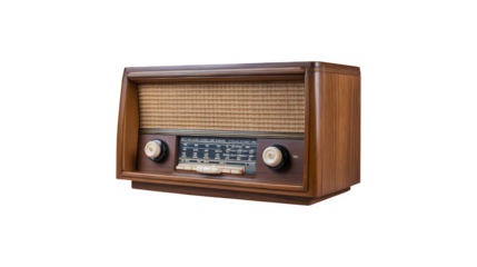 
A vintage radio with a classic design, featuring knobs and a sleek grille, showcasing a nostalgic aesthetic and retro charm
