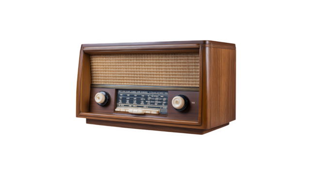 
A vintage radio with a classic design, featuring knobs and a sleek grille, showcasing a nostalgic aesthetic and retro charm
