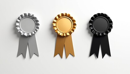Three elegant award ribbons in silver, gold, black. Metallic shiny smooth textile fabric banners with decorative loops, bows, pointed ends. Simple flat design elements against clean background.
