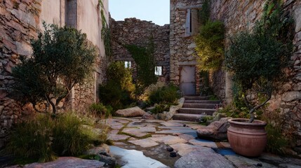 Fototapeta premium A sun-drenched courtyard, paved with weathered stone, nestled within a crumbling stone structure, with mature olive trees and lush greenery creating a tranquil atmosphere.