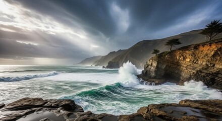 Obraz premium Rugged coastline view with dramatic ocean waves crashing against rocky cliffs under a dynamic cloudy sky