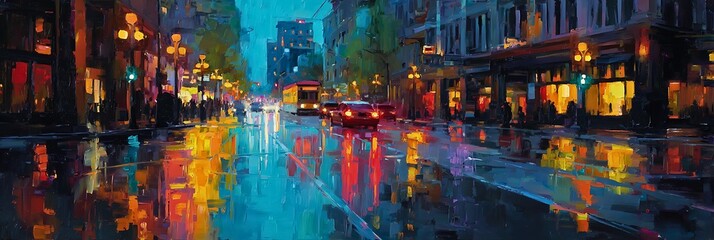 Fototapeta premium Vibrant city street at night with colorful reflections on wet pavement after rain