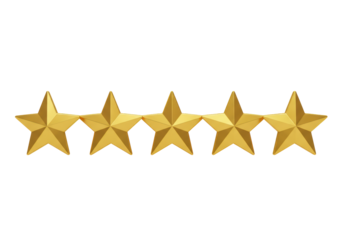 Isolated Five Golden Stars Award Rating for Excellent Service and Customer Satisfaction, Indicating Top-Quality Performance and Recognition Against a White Background