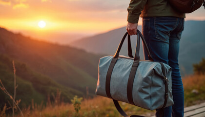 Person holds gray duffel bag at sunset over mountains. This image offers copy space for promotions. High-quality, user-friendly outdoor adventure photography showcases travel and exploration themes.
