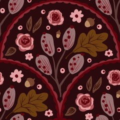 Autum Winter Pattern Background Illustration For Cover, Banner, Notes. Fall Winter Aesthetic Background.  Plant And Flower Pattern Background.