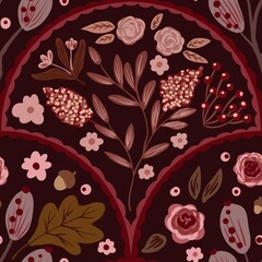 Autum Winter Pattern Background Illustration For Cover, Banner, Notes. Fall Winter Aesthetic Background.  Plant And Flower Pattern Background.