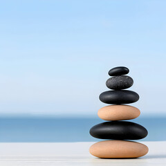 Find inner peace and balance with this zen stone stack against a serene ocean backdrop perfect for wellness brands