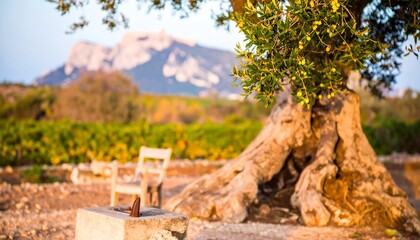 Ancient olive tree with gnarled roots, near chairs, overlooking vineyard and mountains at sunset
