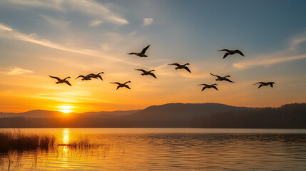 Wild geese fly in V-formation over calm lake at sunset. Autumn colors paint sky, landscape. Birds symbolize migration south. Beautiful nature scene. Tranquil lake reflects golden light of setting