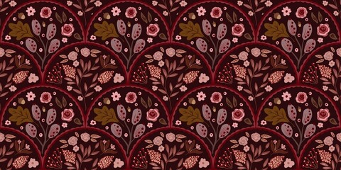 Autum Winter Pattern Background Illustration For Cover, Banner, Notes. Fall Winter Aesthetic Background.  Plant And Flower Pattern Background.