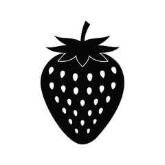 Stylized black and white strawberry illustration with seeds and stem on a white background, strawberry silhouette vector illustration