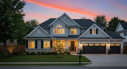 Imposing two-story house with manicured lawn glows beneath the pastel-streaked twilight sky