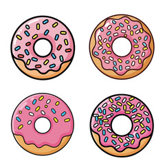 A delicious set of colorful donuts with sprinkles and icing, perfect for a sweet breakfast or snack vector illustration