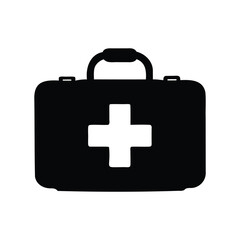 Black First Aid Kit Silhouette with Medical Cross Symbol on White Background, first aid kit illustration silhouette